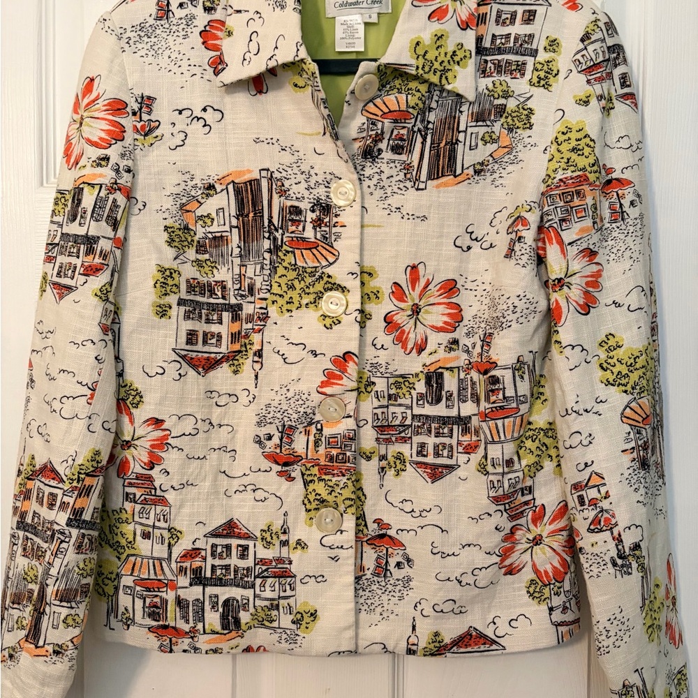Coldwater Creek Blazer Small Cream Linen Art City Floral Travel Paris Chic